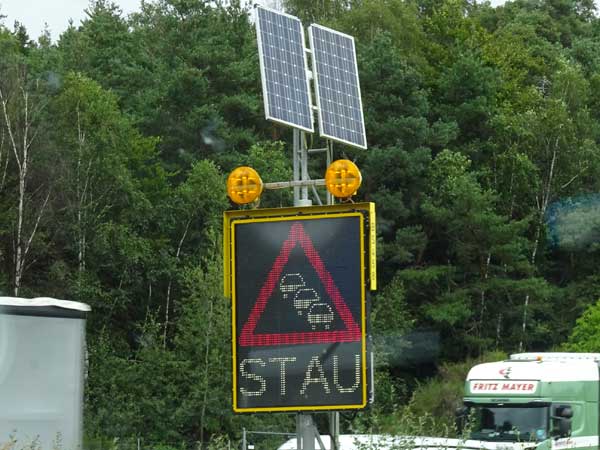 portable stau sign on the autobahn on the way to bielefeld, germany on august 15, 2019