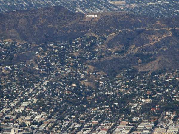 the hollywood sign from the air in so cal on october 29, 2015