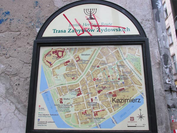 jewish heritage route sign in kazimierz part of krakow, poland on may 21, 2015