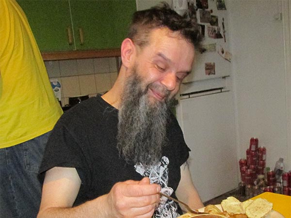 pentti dassum at his pad chowing mirek's cooking in turku, finland on may 11, 2015