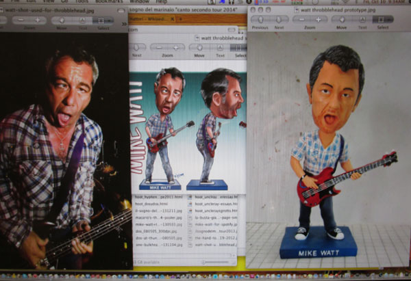 the evolution of the mike watt throbblehead doll - from photo to sketch to sculpture