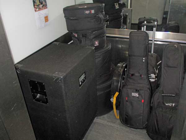 all the equipment il sogno del marinaio used on this tour in a an elevator at radio x in london, england on october 7, 2016