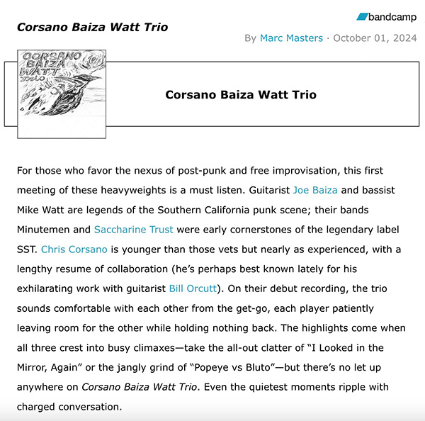 bandcamp corsano baiza watt trio debut album review by marc masters