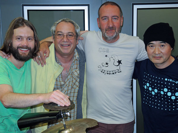 sam dook + mike watt + marc riley + eda kazuhisa (l to r) at bbc radio six in manchester, england on september 3, 2015
