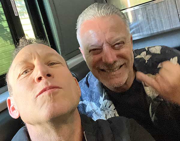 stephen perkins' photo of himself (l) + peter distefano (r) inside the bus hired for the porno for pyros tour in santa ana, ca on february 13, 2024