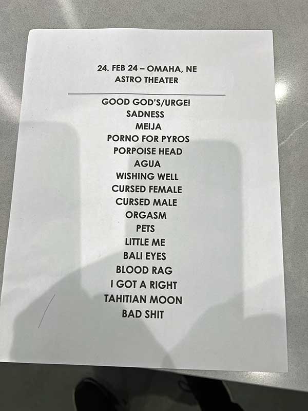 stephen perkins' photo of the set list for the porno for pyros gig at 'the astro' in la vista (omaha area), ne on february 24, 2024