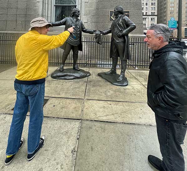 stephen perkins' photo of mike watt (l) + peter distefano out in front of the masonic library and museum of pennsylvania in philadelphia, pa on march 2, 2024