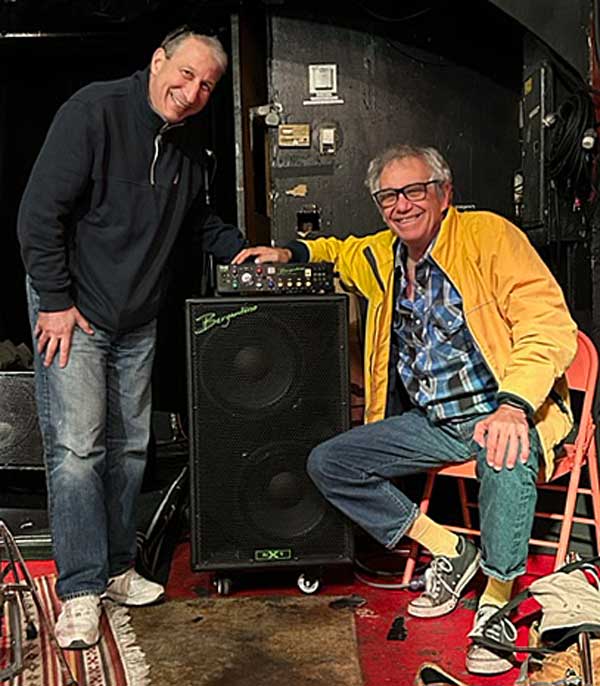holly bergantino's photo of jim bergantino (l) + mike watt (r) w/the bergantino 'forte hp' amp and 'nxt 212' speakerbox at 'middle east (upstairs)' in cambridge, ma on october 13, 2023