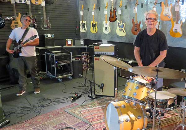 mike baggetta (l) + stephen hodges (r) getting ready for soundcheck at 'bakersfield sound co' on september 6, 2023
