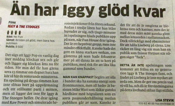 review of june 26, 2013 stooges gig in goteborg, sweden in local paper