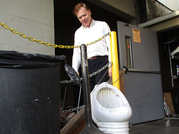 larry mullins by pisser on loading dock in back of the tractor tavern in ballard, wa on october 27, 2015