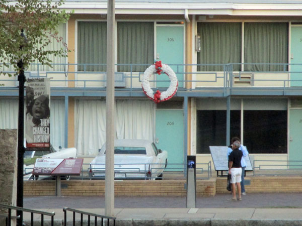 white wreath marks where dr m l king was assassinated at the lorraine motel in memphis, tn - this shot taken on october 13, 2015