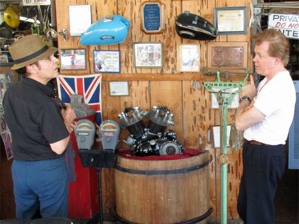 tav falco + larry mullins (l to r) at century motorcycles in san pedro, ca on october 30, 2015